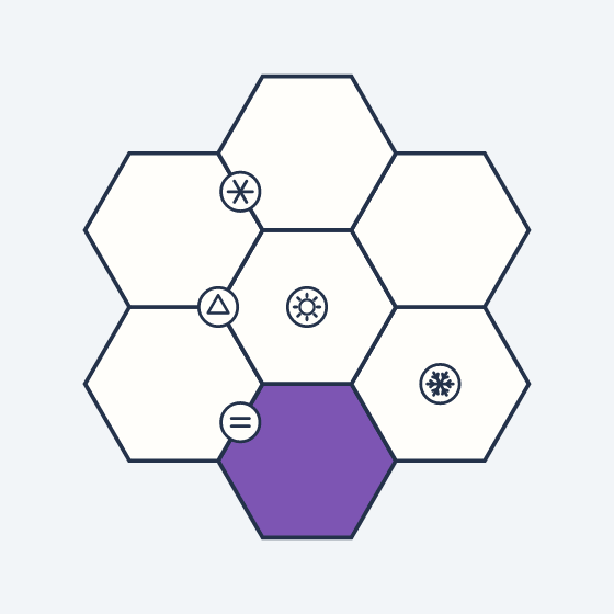 The tutorial puzzle, painted Purple, Orange, Green, Red, Blue, then Yellow.